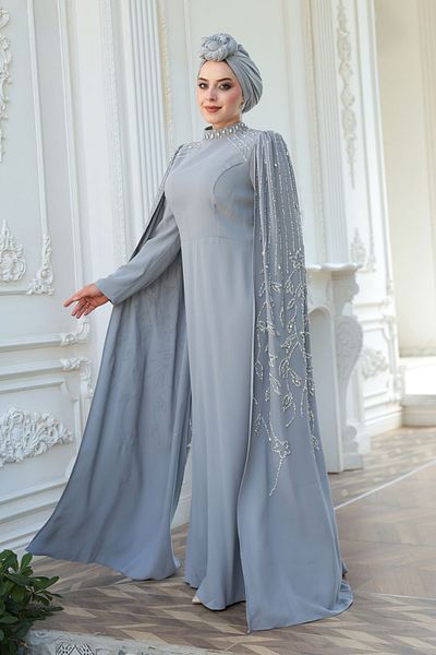 N.S NEVA STYLE - Gray Hijab Evening Dress with Cape Detail 52601Gr