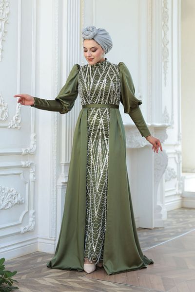 N.S NEVA STYLE - Beaded Tailed Khaki Hijab Evening Dress 50901Hk