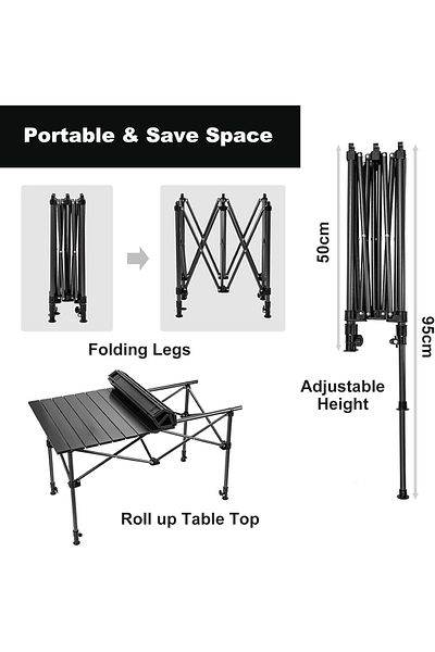 Taimi Folding Table, Portable Aluminum Adjustable Height Table Black Color - Size 120L*55W*80H cm