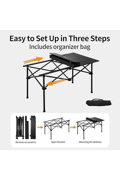 Taimi Folding Camping Table, Portable Aluminum Folding TableBBQ, Black Color - Size 95 * 55 * 50cm