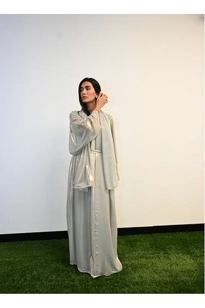 Jameela Gray Shiny Kaftan Open Abaya