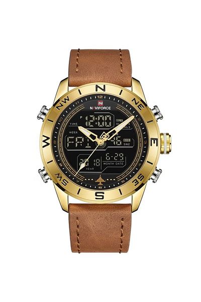 Naviforce Men's Sport Analog-Digital Watch – 44mm Chronograph, Leather Strap, Compass Bezel, Water Resistant