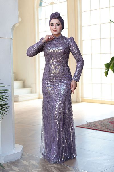 N.S NEVA STYLE - Bead Embroidered Lilac Hijab Evening Dress 51532Lila