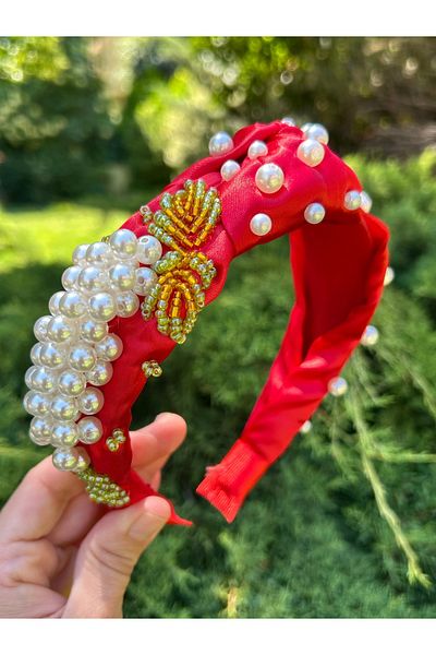 ByMerve Evening Dress Engagement Wedding Invitation Red Satin Grape Model Pearl Model Handcrafted Design Crown Women's Hair