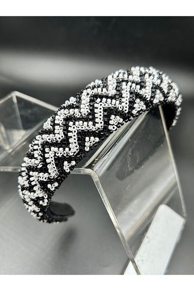 ByMerve Hand Embroidered Black White Color Beads Shiny Processing Evening Dress Engagement Invitation Women's Hair Crown
