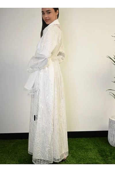 Jameela Silver Glow White Abaya With Sequin Embellishments