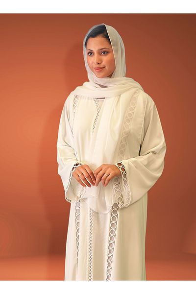 Jameela Ivory Ring Lace Open Abaya With Sheila And Inner