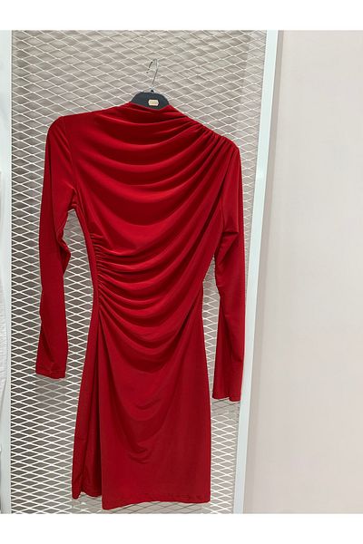 iyzi Red Women's Side Gathered Evening Dress