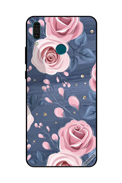 Covernex غطاء حماية لهاتف هواوي Y9 2019 بنقشة ورود وردية وأوراق رمادية داكنة