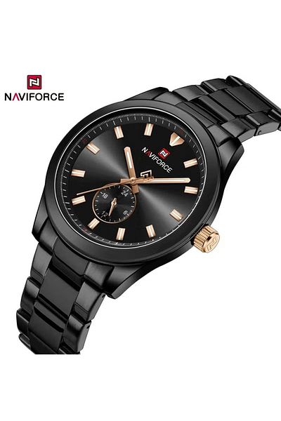 Naviforce Men's Luxury Black Stainless Steel Watch Waterproof Luminous Hands Elegant Dress Design