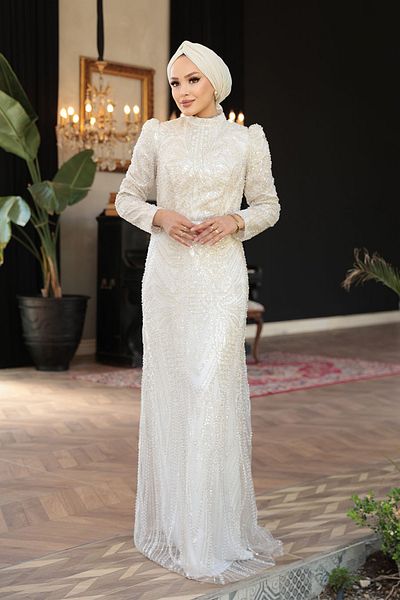 N.S NEVA STYLE - Bead Embroidered Ecru Hijab Evening Dress 51532E