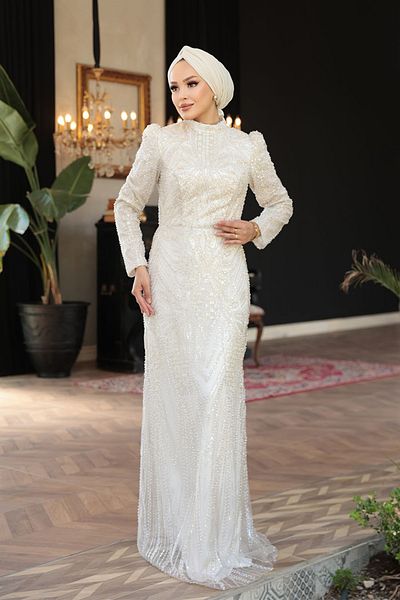 N.S NEVA STYLE - Bead Embroidered Ecru Hijab Evening Dress 51532E