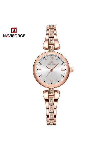 Naviforce Women's Elegant Rose Gold Analog Watch – 28MM Silver Dial with Crystal Accents