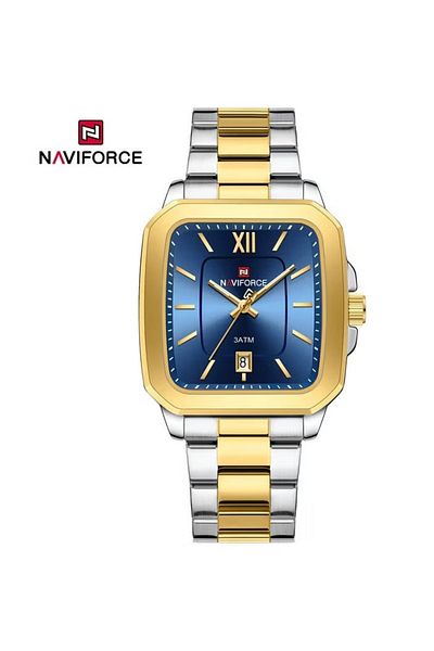 Naviforce Elegant Two-Tone Gold and Silver Stainless Steel Couple Watch Set with Blue Square Dial Date Display