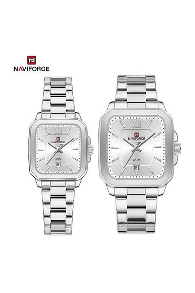 Naviforce Elegant Silver Stainless Steel Couple Watch Set with Square Dial Date Display and Water Resistance