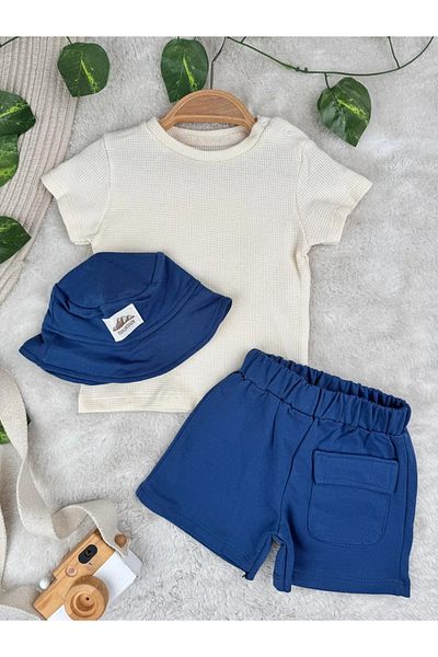 Minizade Safari Bucket Hat, Pocket Detailed Shorts, Waffle Fabric T-Shirt Set of 3