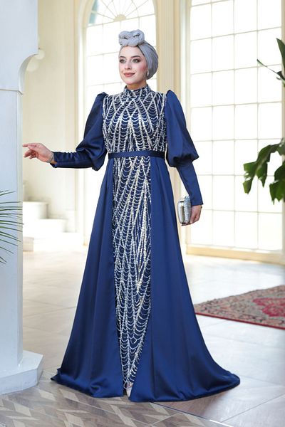 N.S NEVA STYLE Beaded Tail Navy Blue Hijab Evening Dress 50901L
