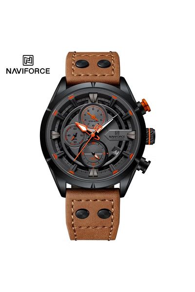 Naviforce Rugged Chronograph Wrist Watch for Men with Leather Strap Water Resistant Multi-Function Timepiece
