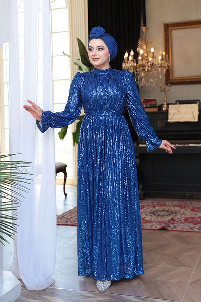 N.S NEVA STYLE Βραδινό φόρεμα με παγιέτες Sax Blue Hijab 44961SX