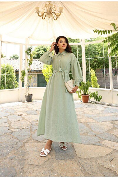 Dadali Belt Balloon Sleeve Stone Buttoned Dress Island Tea