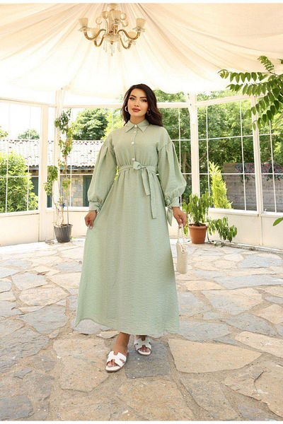 Dadali Belt Balloon Sleeve Stone Buttoned Dress Island Tea