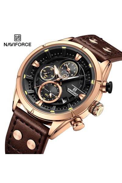 Naviforce Sport Chronograph Wrist Watch for Men with Leather Strap Water Resistant Multi-Function Analog