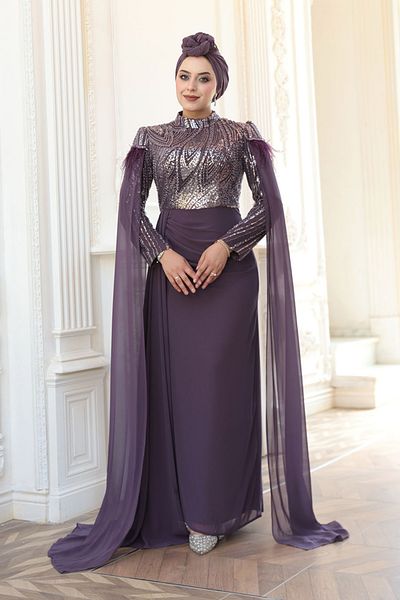 N.S NEVA STYLE - Cape Detailed Dark Lilac Hijab Evening Dress 52592Klila