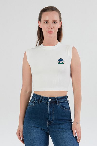 Fulla Moda Tricou Crop cu Teddy Bear Brodat din Lycra