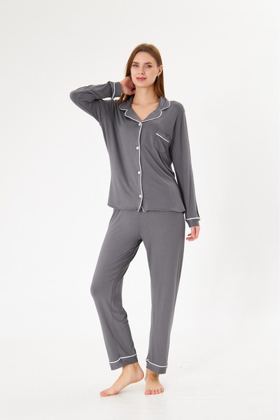 ÇağrıHome Women's 100% Cotton Luxury Viscose Anthracite Shirt Collar Buttoned White Piping Pajama Set