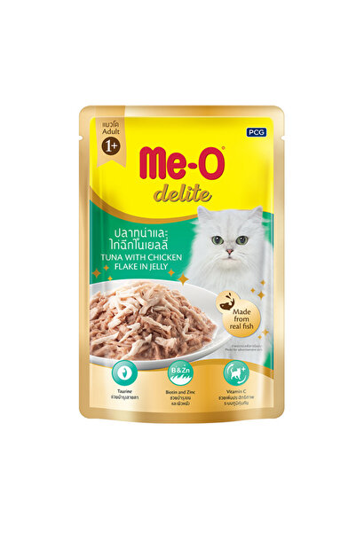 me-o طعام قطط بالغين معلب من ديليت مع التونة والدجاج في صلصة 70 جرام