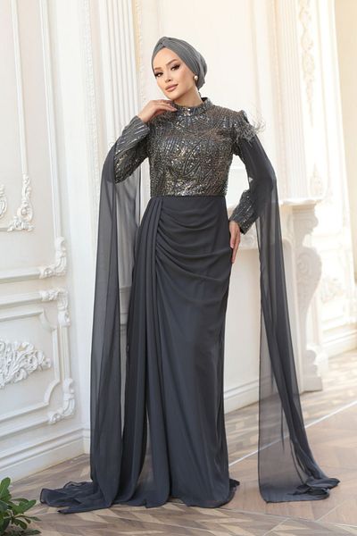 N.S NEVA STYLE - Cape Detailed Smoked Hijab Evening Dress 52592Fu