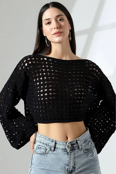 POİNE Crop de vară scurtă din plasă cu mâneci spaniole pentru femei