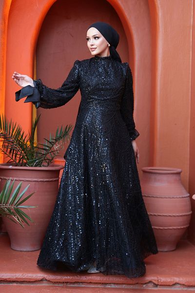 N.S NEVA STYLE Beaded Black Hijab Evening Dress 53171S