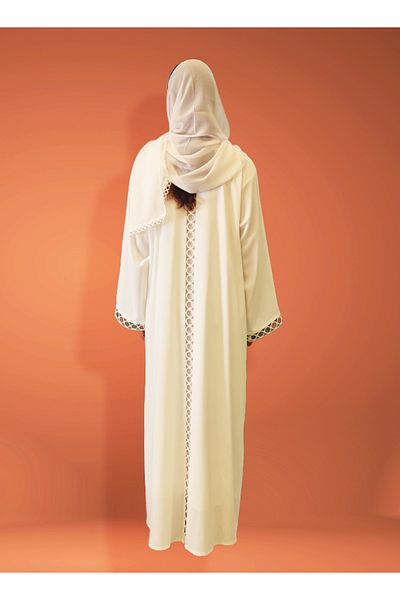 Jameela Ivory Ring Lace Open Abaya With Sheila And Inner