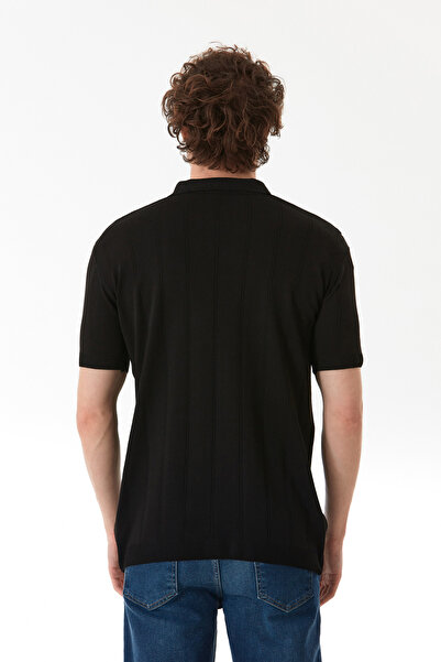 Fulla Moda Şeritli Polo Yaka Yarım Fermuarlı Triko Tişört