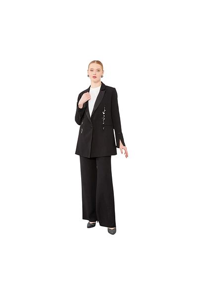 Levidor Single Button Stone Detailed Jacket Set Black