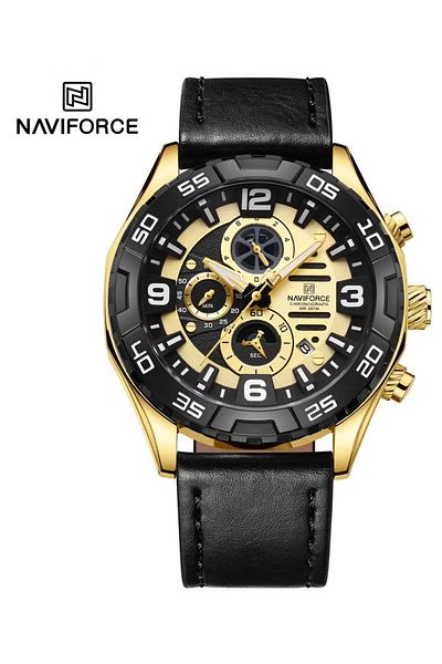 Naviforce Men's Sport Chronograph Watch – 46mm Analog, Leather Strap, Multi-Function, Water Resistant
