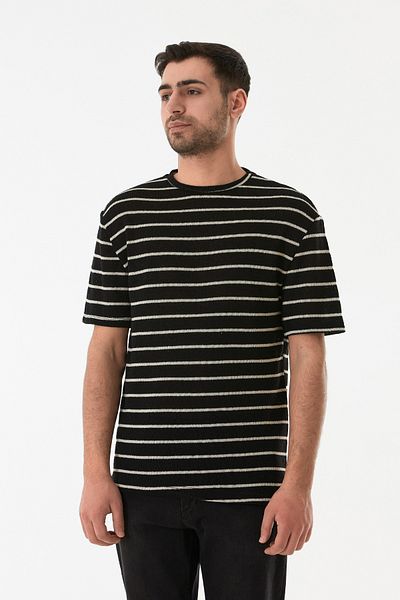 Fulla Moda Πλεκτό μπλουζάκι με ριγέ διάτρητο λαιμόκοψη