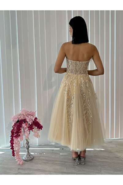 Always Dress Şampanya işleme detaylı midi boy elbise