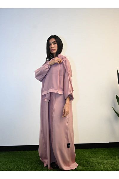 Jameela Pink Pleated Front Open Abaya 3 pieces Set