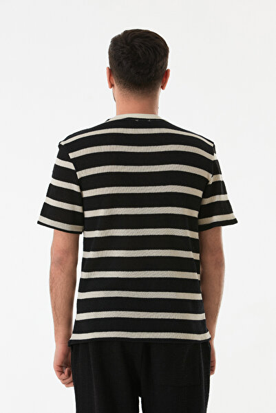 Fulla Moda Çizgili Ajurlu Bisiklet Yaka Triko Tişört