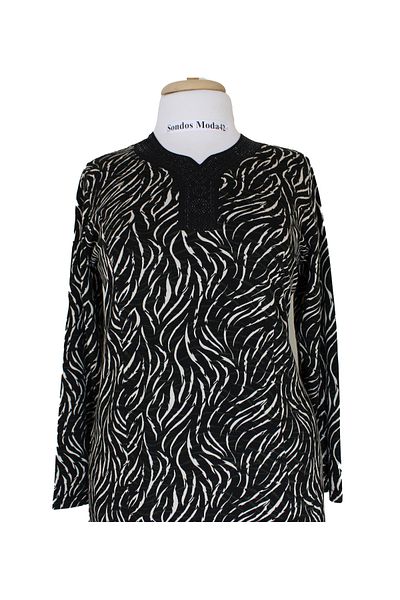 HESNA Women's Minel Battal Size Cup-Length Zebra Patterned Black Dress