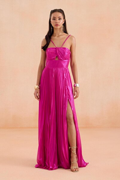 Carmen Fuşya Askılı Yırtmaçlı Laklı Şifon Abiye Elbise