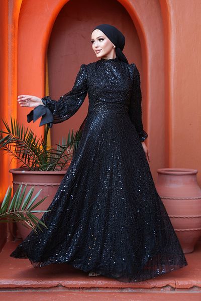 N.S NEVA STYLE Beaded Black Hijab Evening Dress 53171S