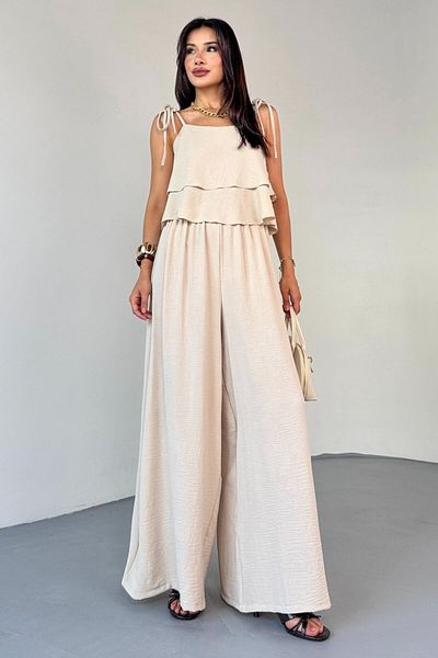 Cappmoda Tkm-13323 Stone Adjustable Strap Flowing Blouse & Waist Elastic Casual Trousers Koton Double Set