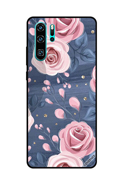 Covernex غطاء حماية لهاتف هواوي بي 30 برو بنقشة ورود وردية وأوراق رمادية داكنة