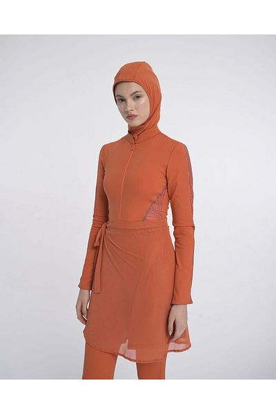 Monolou 4 Piece Full Hijab Swimsuit Set with Slimming Print Detail at the Waist Polyamide Fabric - Orange