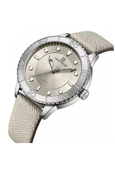 Naviforce Elegant Women's Quartz Watch Stylish Round Dial with Textured Design Rotating Bezel Leather Strap