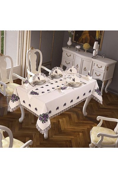 Cardea Home Collection Cross Stitch Printed Tablecloth Set 18 Pieces for 8 People