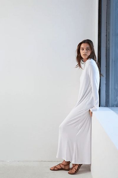yourname collection Stand Collar Basic Long Sleeve Ecru Women's Dress